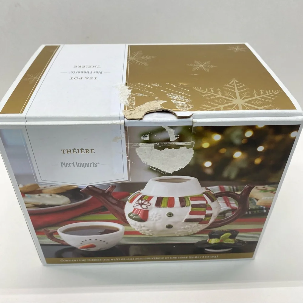 Pier 1 Imports Snowman Teapot Set w/Lid & Cup Tea for One  Christmas Holiday